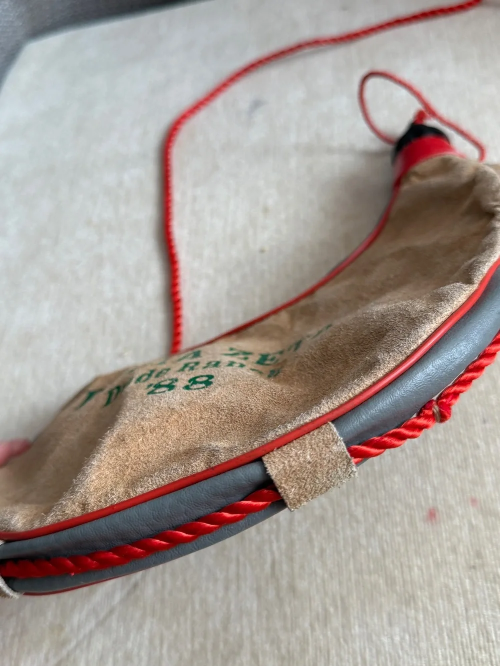 Delta Zeta '88 Kids Brown Suede Canteen Bag with Red Trim